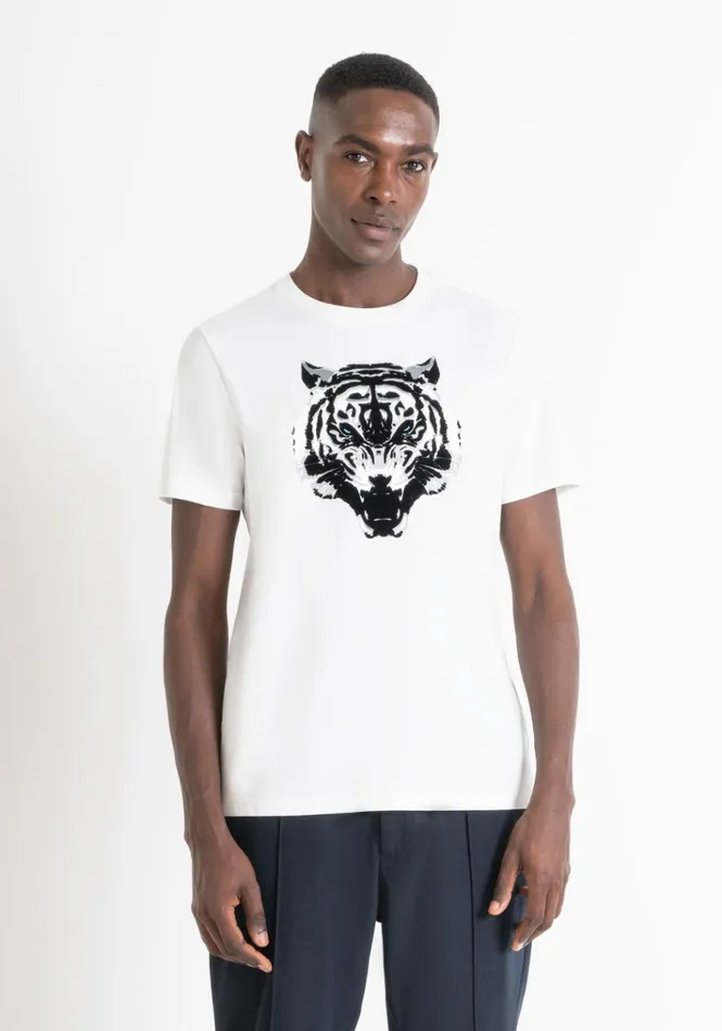 TShirts And Polo Men Antony Morato Regular Fit TShirt In White Cotton Jersey With Tiger Print Cream TShirts And Polo Men Antony Morato Regular Fit TShirt In White Cotton Jersey With Tiger Print Cream