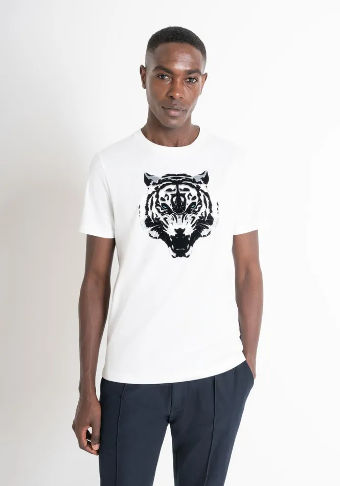 TShirts And Polo Men Antony Morato Regular Fit TShirt In White Cotton Jersey With Tiger Print Cream
