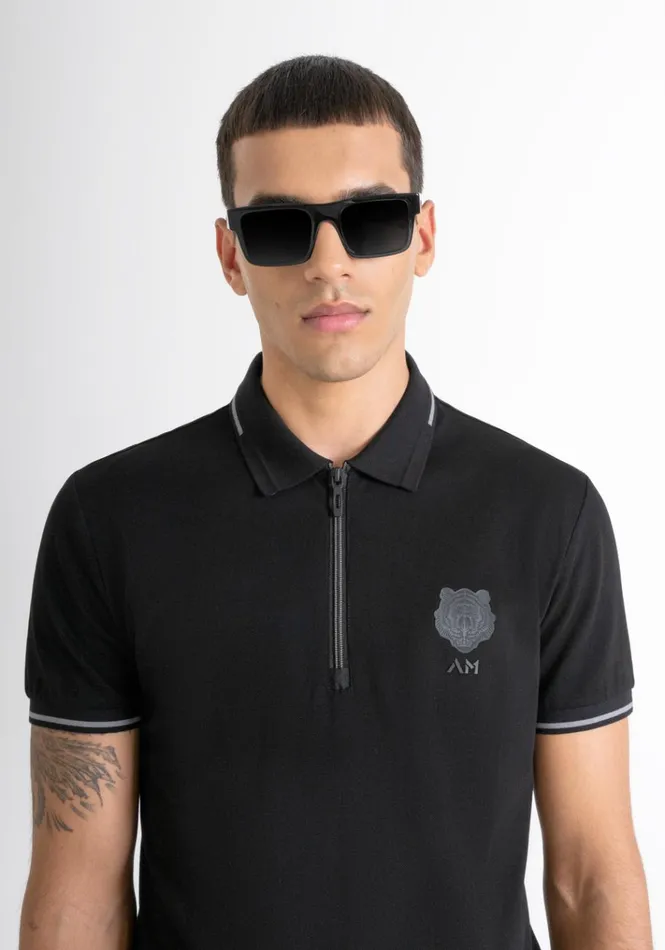 TShirts And Polo Men Antony Morato Slim Fit Polo TShirt In Cotton Pique With Rubberised Tiger Logo Black