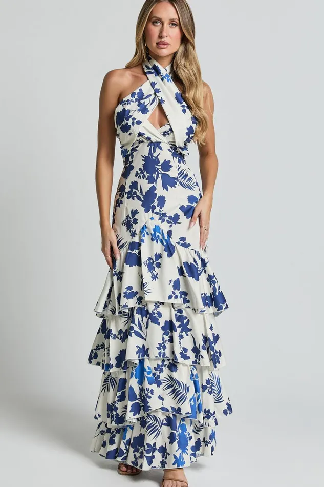 Talia Maxi Dress 8211 Halter Neck Layered Dress In Blue And White Print Women Showpo Dresses Talia Maxi Dress 8211 Halter Neck Layered Dress In Blue And White Print Women Showpo Dresses