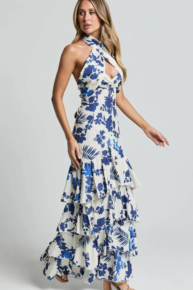Talia Maxi Dress 8211 Halter Neck Layered Dress In Blue And White Print Women Showpo Dresses