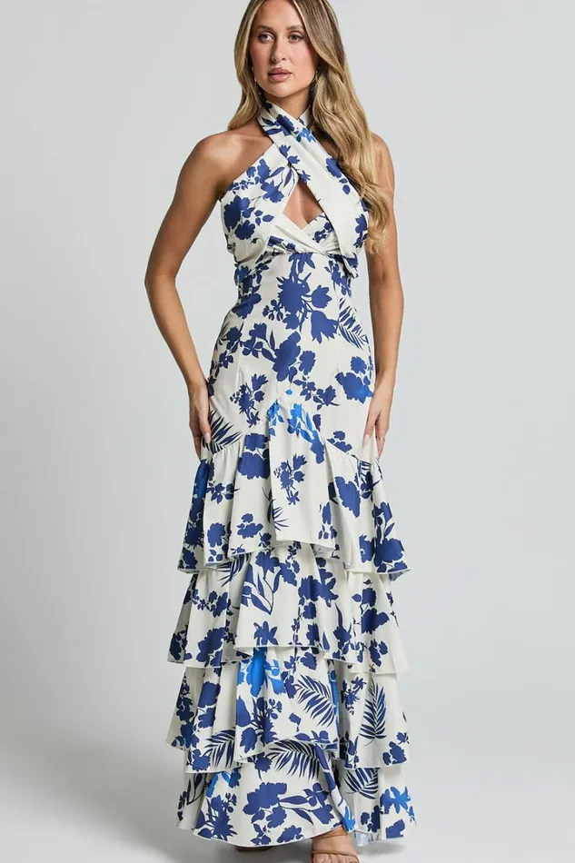 Talia Maxi Dress 8211 Halter Neck Layered Dress In Blue And White Print Women Showpo Dresses