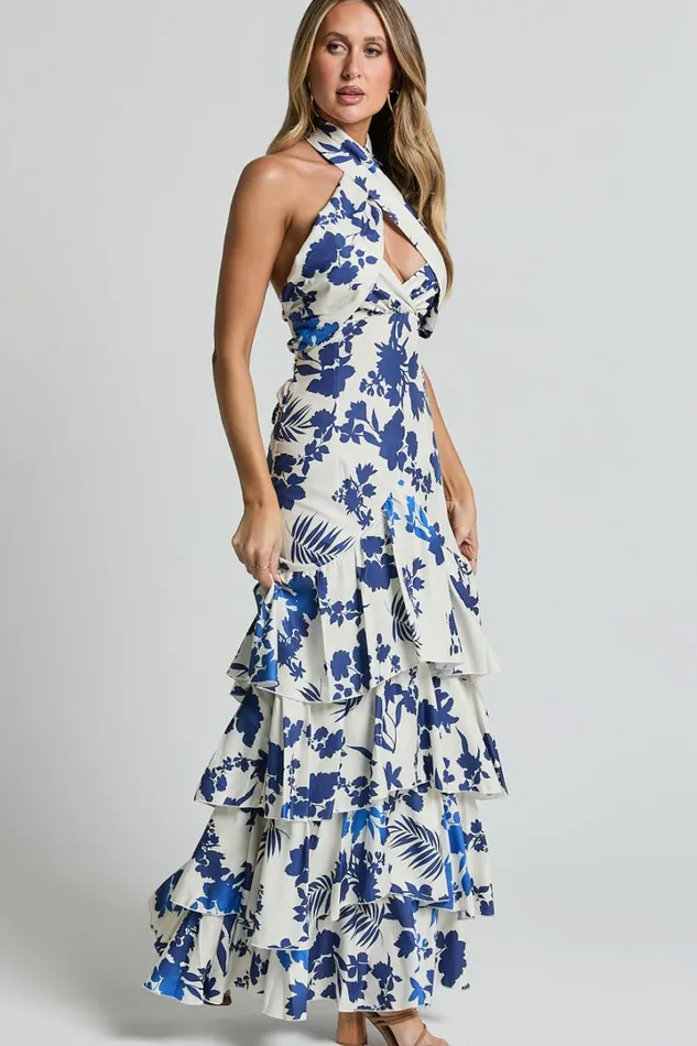 Talia Maxi Dress 8211 Halter Neck Layered Dress In Blue And White Print Women Showpo Dresses