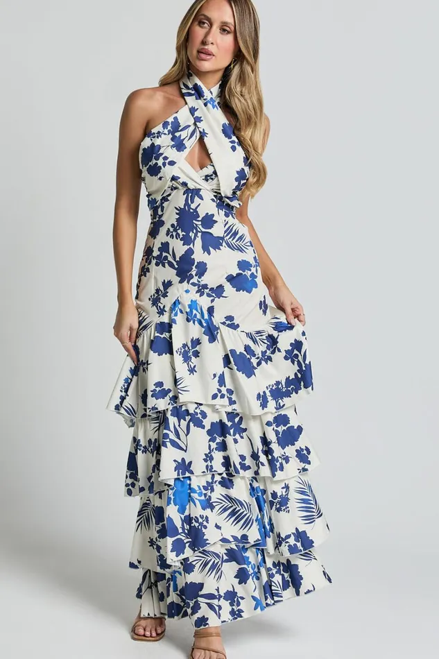 Talia Maxi Dress 8211 Halter Neck Layered Dress In Blue And White Print Women Showpo Dresses