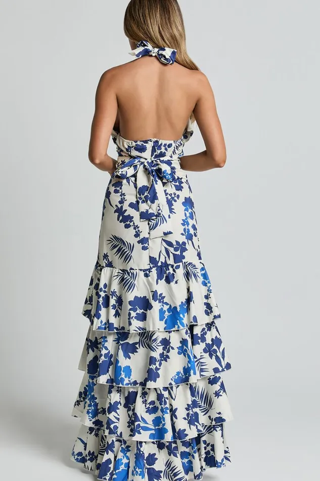 Talia Maxi Dress 8211 Halter Neck Layered Dress In Blue And White Print Women Showpo Dresses