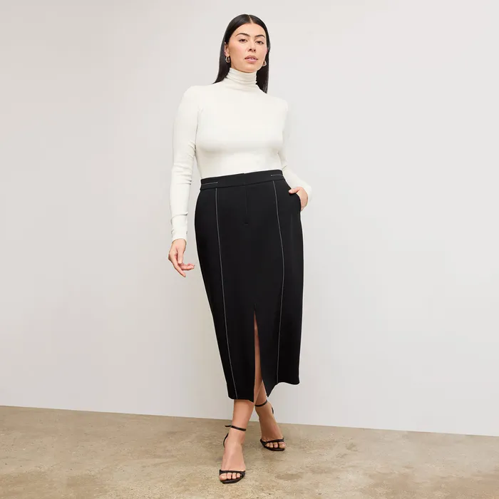 The Meghan Midi Skirt 8211 Everyday Crepe with Topstitch Black With Topstitch Women Skirts M M LaFleur