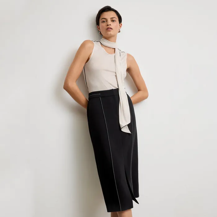 The Meghan Midi Skirt 8211 Everyday Crepe with Topstitch Black With Topstitch Women Skirts M M LaFleur
