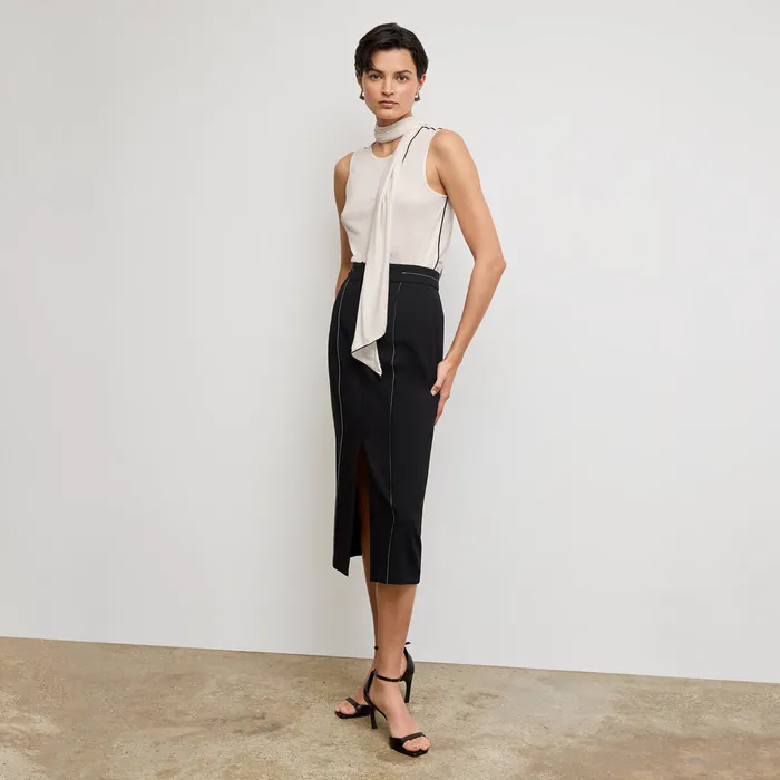 The Meghan Midi Skirt 8211 Everyday Crepe with Topstitch Black With Topstitch Women Skirts M M LaFleur