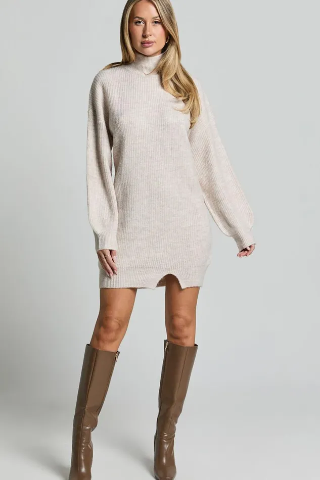 Tianna Mini Dress 8211 Knitted Side Split Jumper Dress In Beige Marl Women Showpo Dresses