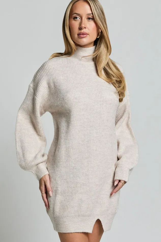 Tianna Mini Dress 8211 Knitted Side Split Jumper Dress In Beige Marl Women Showpo Dresses