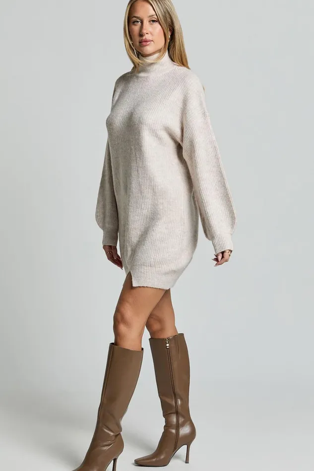 Tianna Mini Dress 8211 Knitted Side Split Jumper Dress In Beige Marl Women Showpo Dresses