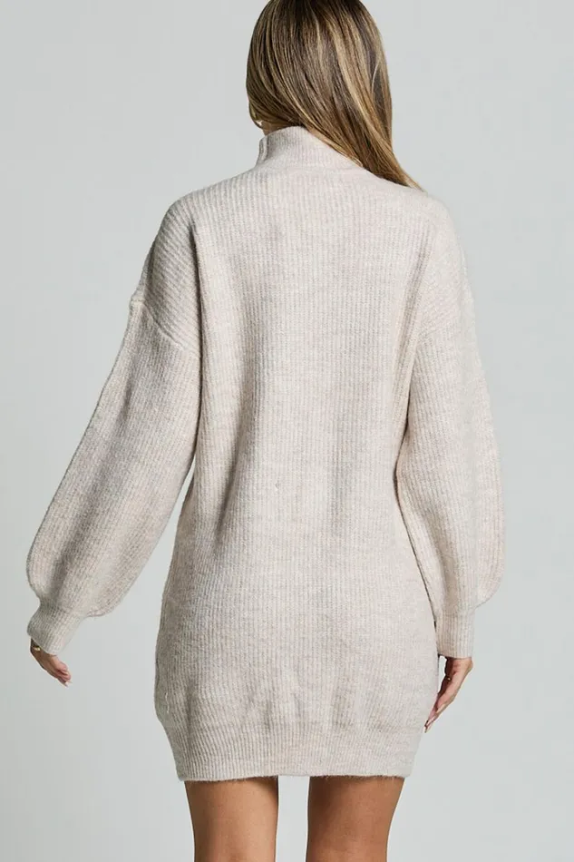 Tianna Mini Dress 8211 Knitted Side Split Jumper Dress In Beige Marl Women Showpo Dresses
