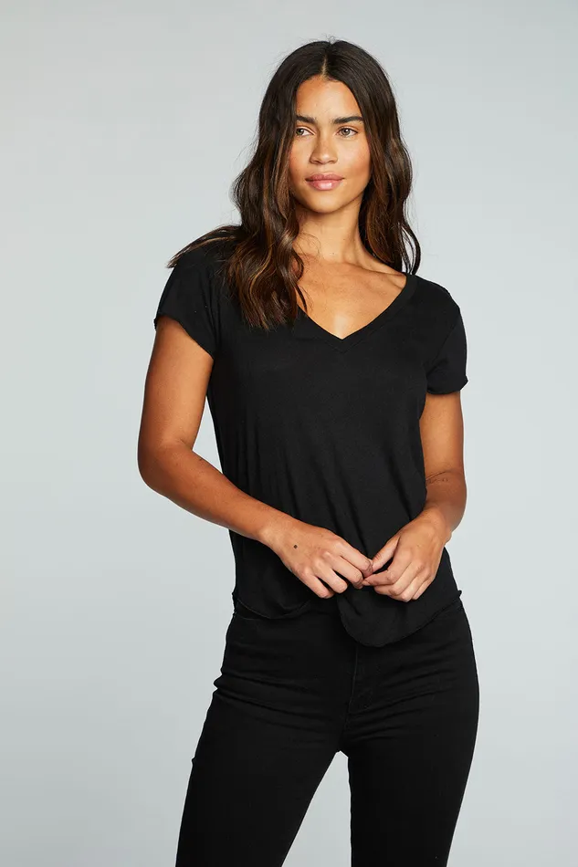 Tops Chaser Brand Womens Bella Jersey Deep V Shirttail Cap Sleeve Tee With Shoulder Slits
