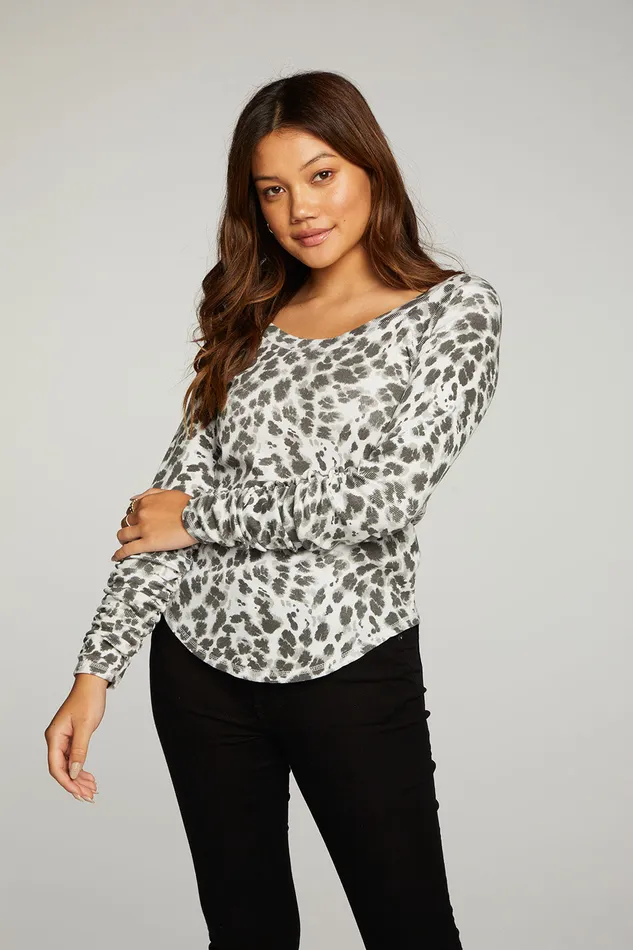 Tops Chaser Brand Womens rPET Vintage Rib Shirred Long Sleeve Scoop Neck Shirttail Tee