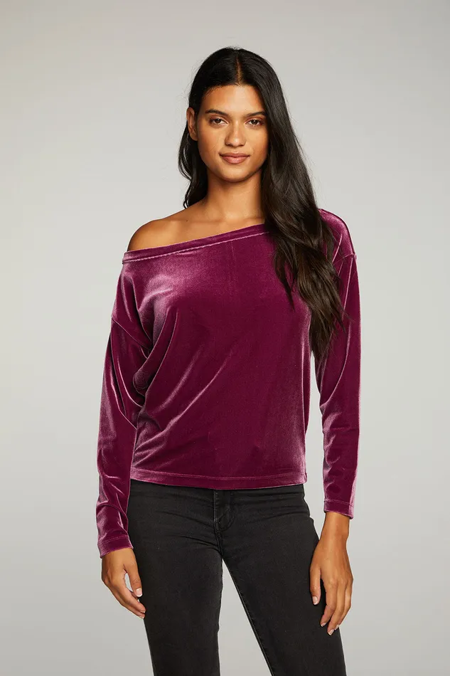 Tops Chaser Brand Womens Stretch Velvet Long Sleeve Off Shoulder Dolman Pullover