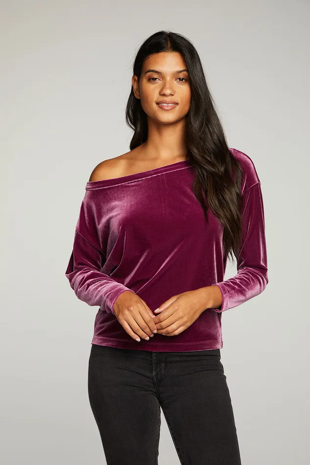 Tops Chaser Brand Womens Stretch Velvet Long Sleeve Off Shoulder Dolman Pullover