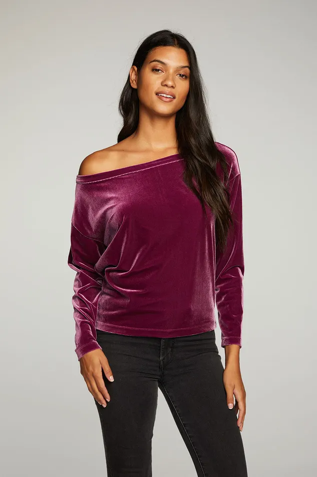 Tops Chaser Brand Womens Stretch Velvet Long Sleeve Off Shoulder Dolman Pullover