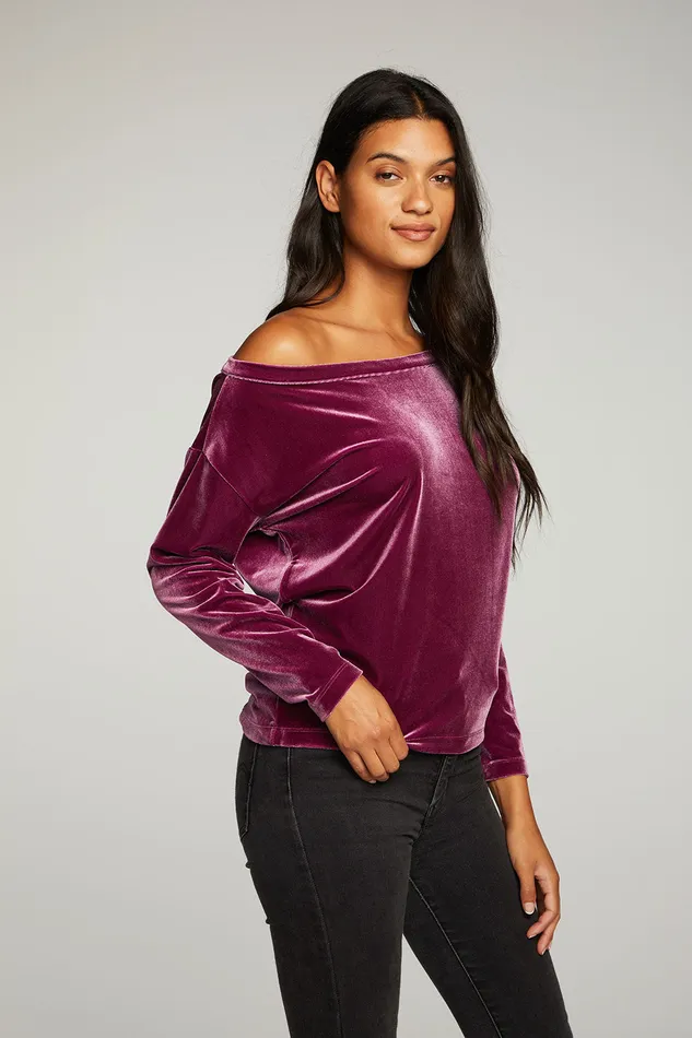 Tops Chaser Brand Womens Stretch Velvet Long Sleeve Off Shoulder Dolman Pullover