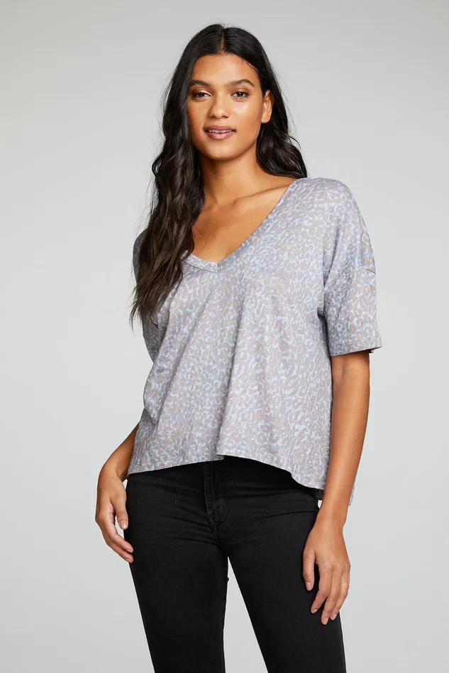 Tops Linen Jersey Boxy Drop Shoulder Oversized Double V Neck Short Sleeve Chaser Brand Womens