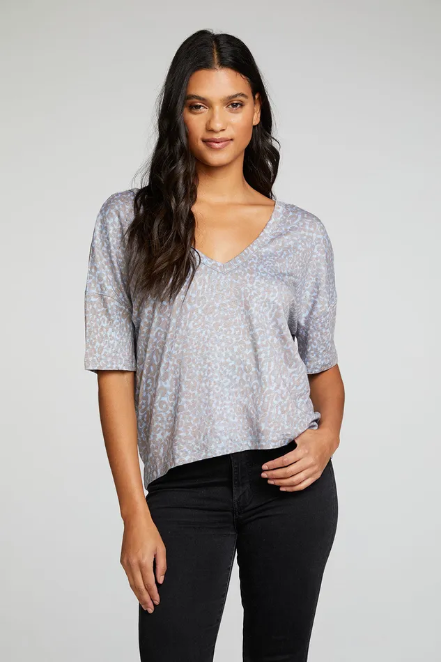 Tops Linen Jersey Boxy Drop Shoulder Oversized Double V Neck Short Sleeve Chaser Brand Womens