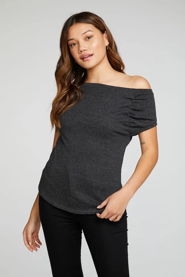 Tops Womens Chaser Brand Triblend Rib Shirred Raglan Cap Sleeve Shirttail Tee