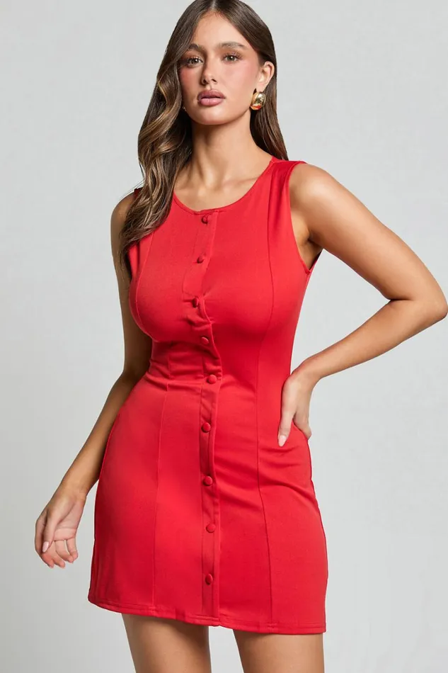 Trixie Mini Dress 8211 High Neck Button Up A Line Dress In Red Women Showpo Dresses