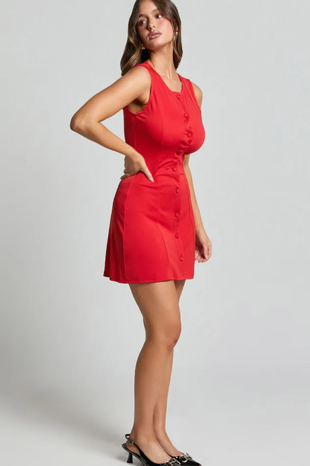 Trixie Mini Dress 8211 High Neck Button Up A Line Dress In Red Women Showpo Dresses