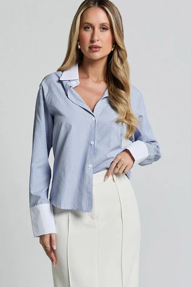 Trixie Shirt 8211 Striped White Cuff and Collar Detail Button Up Shirt In Blue Stripe Women Showpo Tops Trixie Shirt 8211 Striped White Cuff and Collar Detail Button Up Shirt In Blue Stripe Women Showpo Tops