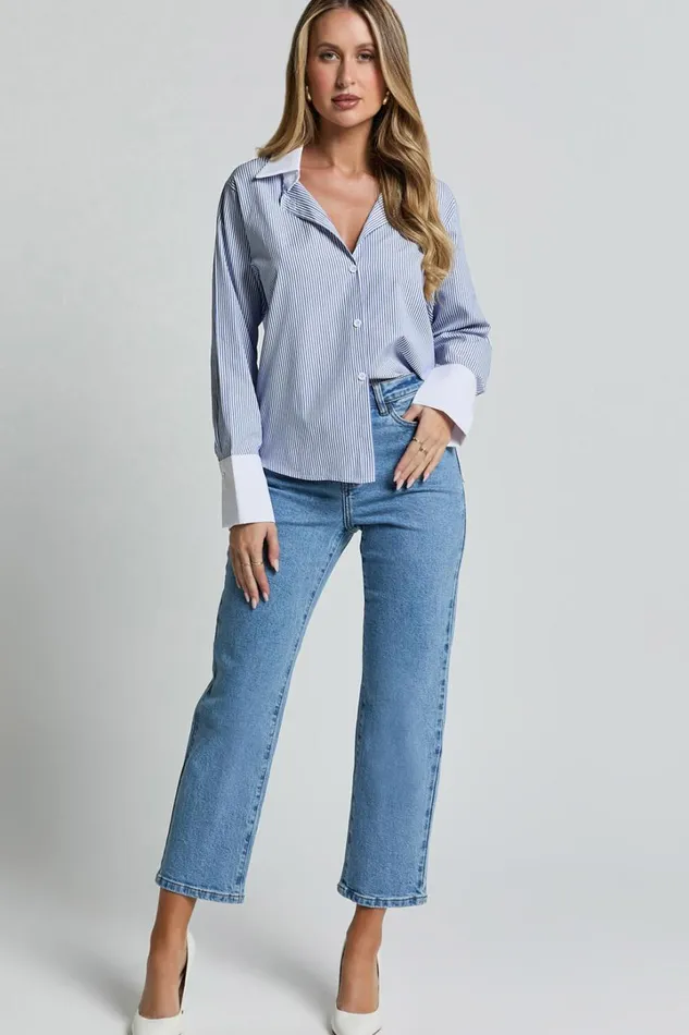 Trixie Shirt 8211 Striped White Cuff and Collar Detail Button Up Shirt In Blue Stripe Women Showpo Tops