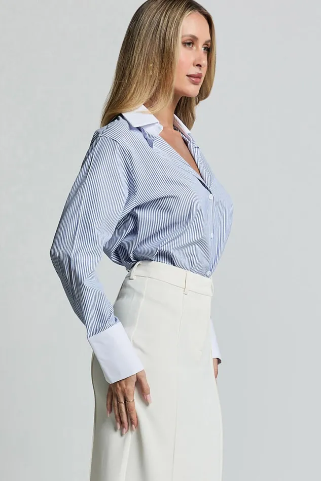 Trixie Shirt 8211 Striped White Cuff and Collar Detail Button Up Shirt In Blue Stripe Women Showpo Tops