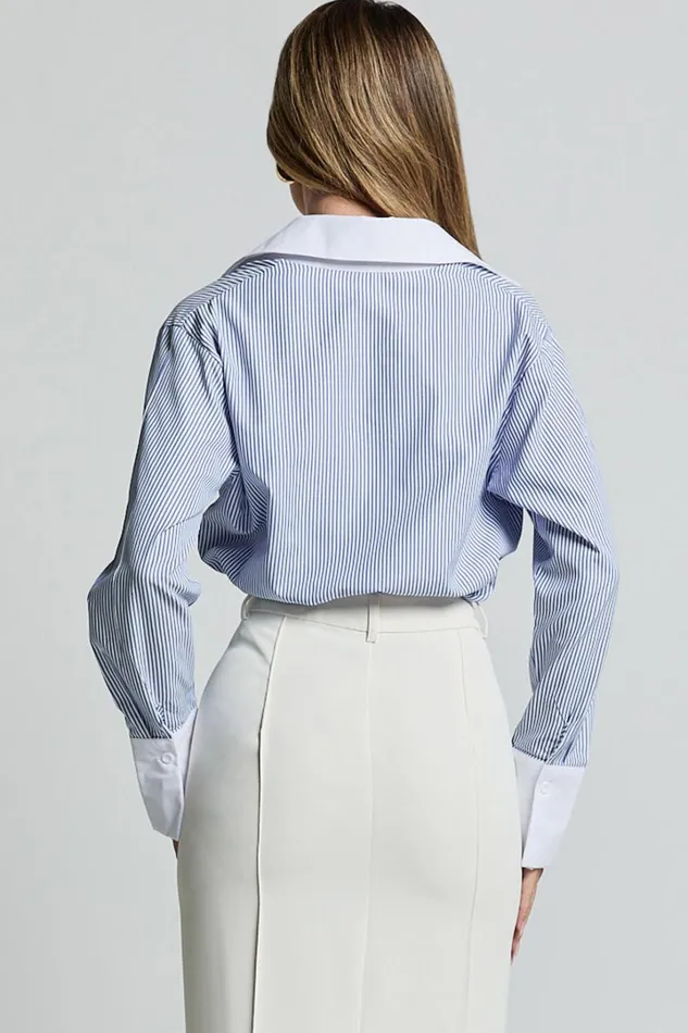 Trixie Shirt 8211 Striped White Cuff and Collar Detail Button Up Shirt In Blue Stripe Women Showpo Tops