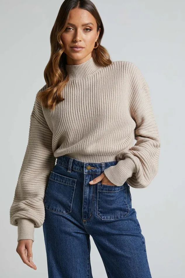 Valerie Jumper 8211 High Neck Balloon Sleeve Knit Jumper In Beige Women Showpo Sweaters and Cardigans Valerie Jumper 8211 High Neck Balloon Sleeve Knit Jumper In Beige Women Showpo Sweaters and Cardigans