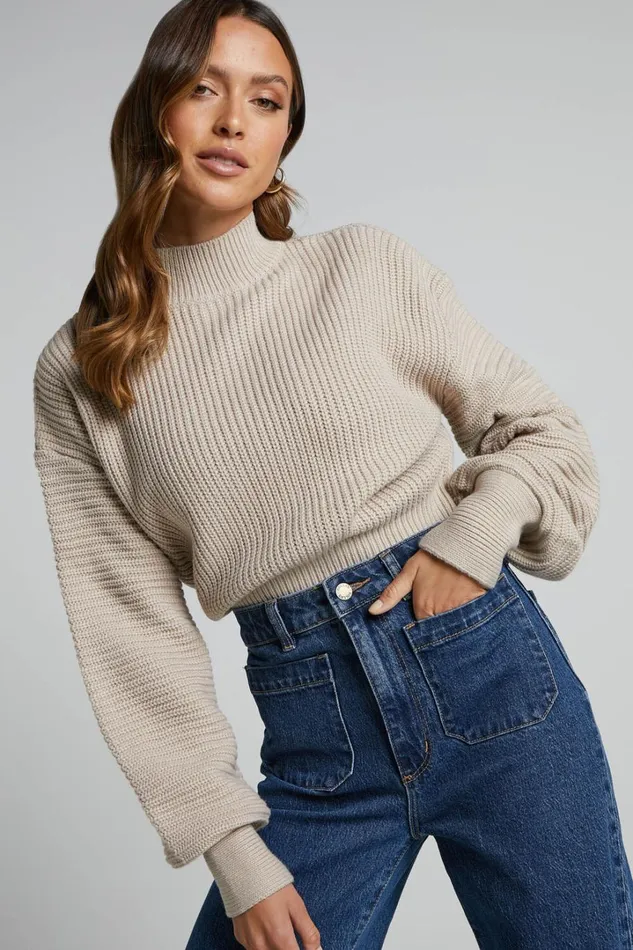 Valerie Jumper 8211 High Neck Balloon Sleeve Knit Jumper In Beige Women Showpo Sweaters and Cardigans