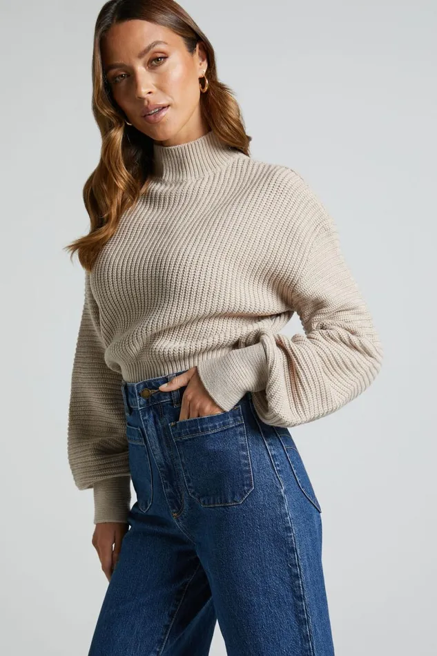 Valerie Jumper 8211 High Neck Balloon Sleeve Knit Jumper In Beige Women Showpo Sweaters and Cardigans
