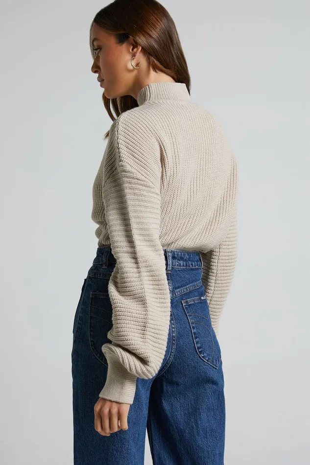 Valerie Jumper 8211 High Neck Balloon Sleeve Knit Jumper In Beige Women Showpo Sweaters and Cardigans