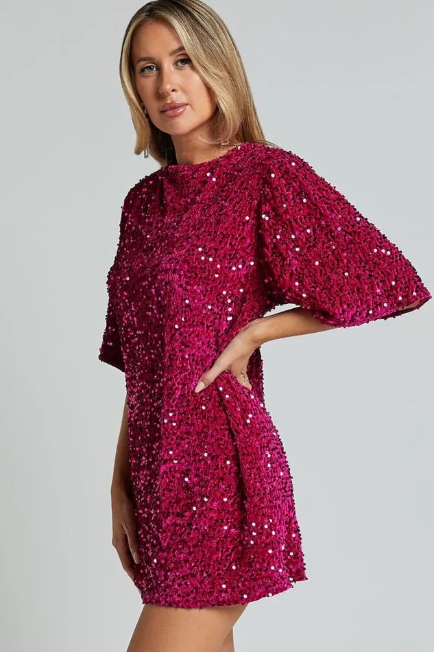 Valetta Mini Dress 8211 Sequin Low Back Shift Dress In Hot Pink Women Showpo Curve Clothes