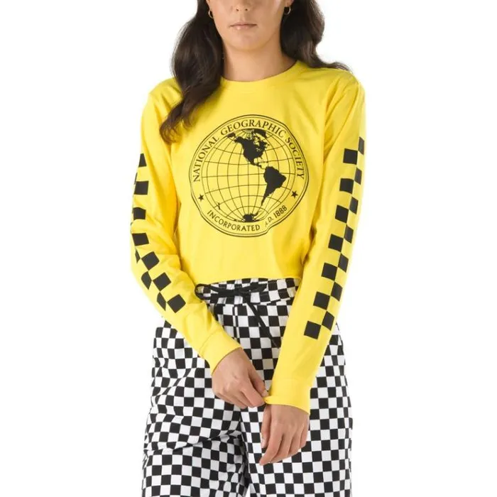 Vans National Geographic Long Sleeve Cropped Tee Cyber Yellow Womens TShirts and Tanks