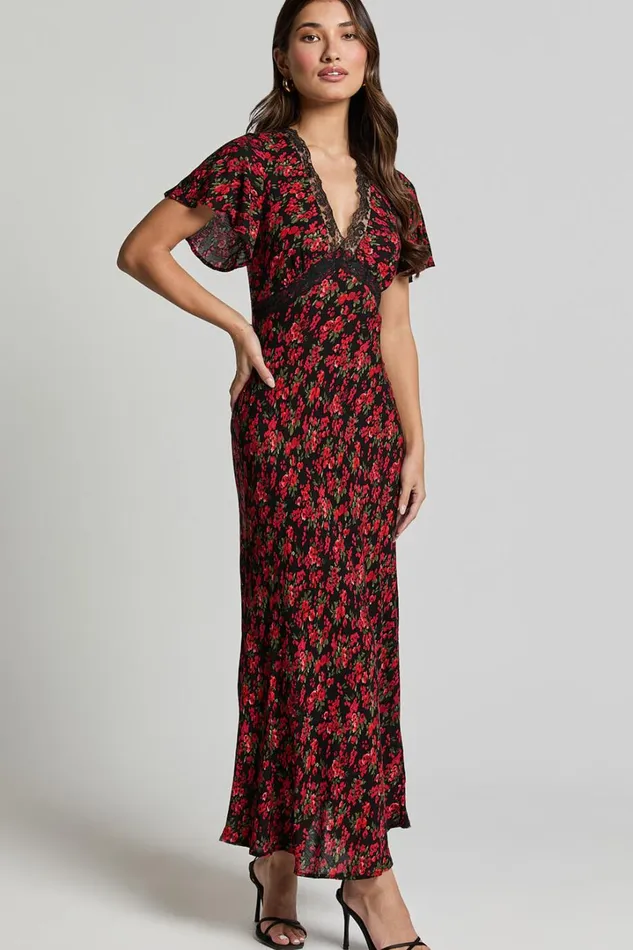 Vanya Midi Dress 8211 V Neck Short Sleeve Lace Trim Tie Back Slip Dress In Black Floral Women Showpo Curve Clothes
