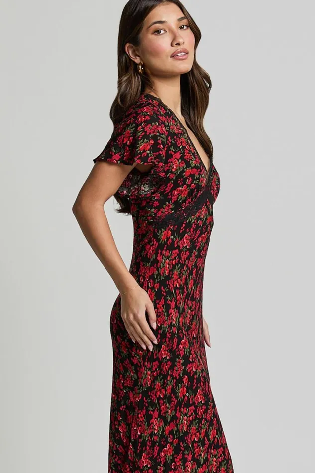 Vanya Midi Dress 8211 V Neck Short Sleeve Lace Trim Tie Back Slip Dress In Black Floral Women Showpo Curve Clothes