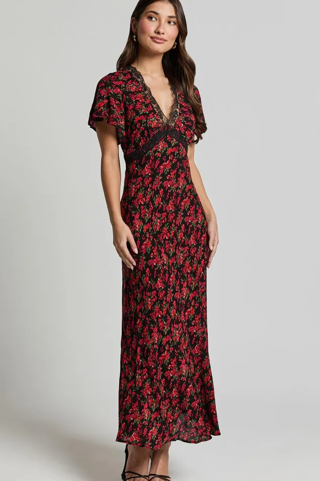 Vanya Midi Dress 8211 V Neck Short Sleeve Lace Trim Tie Back Slip Dress In Black Floral Women Showpo Curve Clothes