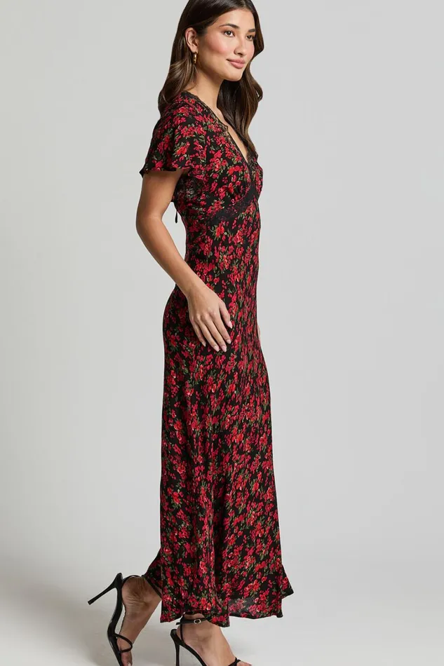 Vanya Midi Dress 8211 V Neck Short Sleeve Lace Trim Tie Back Slip Dress In Black Floral Women Showpo Curve Clothes
