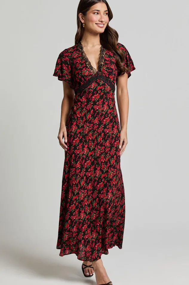 Vanya Midi Dress 8211 V Neck Short Sleeve Lace Trim Tie Back Slip Dress In Black Floral Women Showpo Curve Clothes
