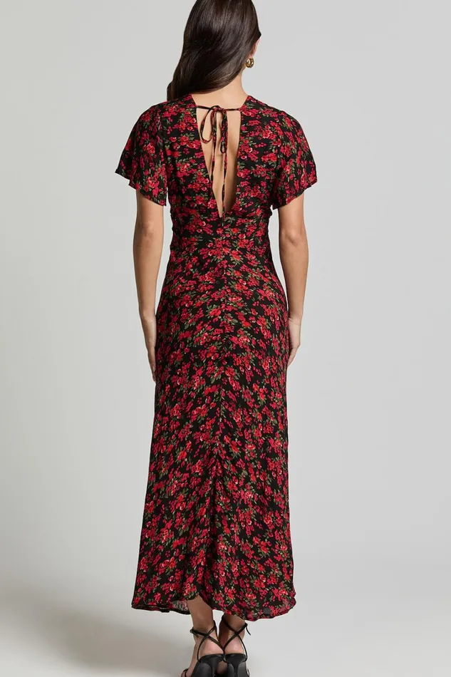 Vanya Midi Dress 8211 V Neck Short Sleeve Lace Trim Tie Back Slip Dress In Black Floral Women Showpo Curve Clothes