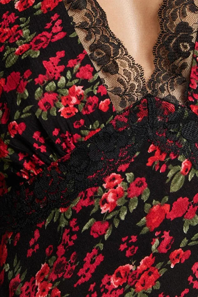 Vanya Midi Dress 8211 V Neck Short Sleeve Lace Trim Tie Back Slip Dress In Black Floral Women Showpo Curve Clothes