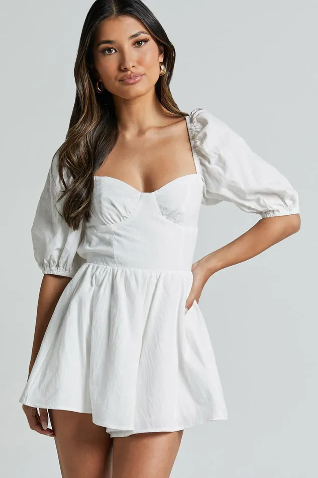 Vicky Playsuit 8211 Sweetheart Short Puff Sleeve Tie Back In White Women Showpo Rompers