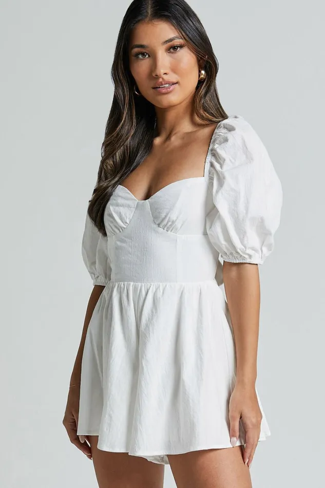 Vicky Playsuit 8211 Sweetheart Short Puff Sleeve Tie Back In White Women Showpo Rompers