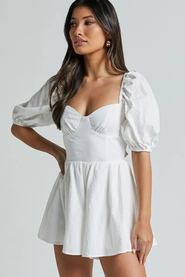 Vicky Playsuit 8211 Sweetheart Short Puff Sleeve Tie Back In White Women Showpo Rompers