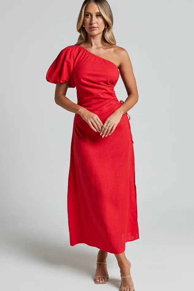 Victoria Midi Dress 8211 Linen Look One Shoulder Puff Sleeve Cut Out Dress In Red Women Showpo Dresses Victoria Midi Dress 8211 Linen Look One Shoulder Puff Sleeve Cut Out Dress In Red Women Showpo Dresses