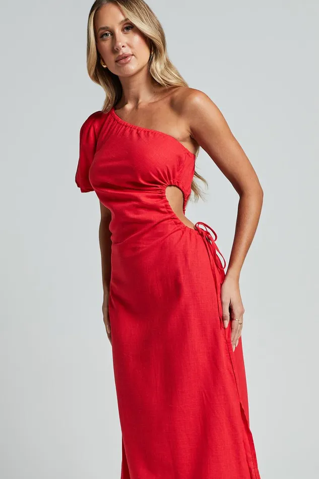 Victoria Midi Dress 8211 Linen Look One Shoulder Puff Sleeve Cut Out Dress In Red Women Showpo Dresses