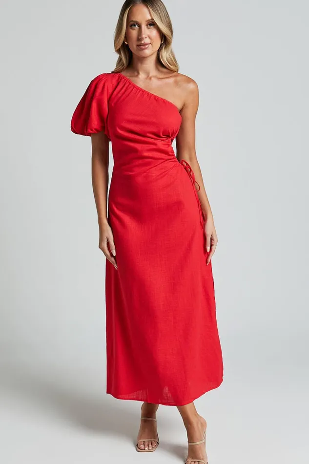 Victoria Midi Dress 8211 Linen Look One Shoulder Puff Sleeve Cut Out Dress In Red Women Showpo Dresses